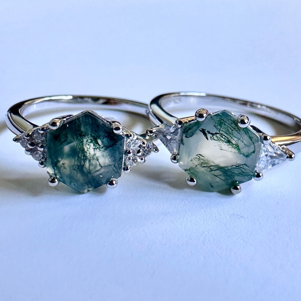 Hexagon Green Moss Agate Sterling Silver Engagement Size 5 6 7 8 Ring S925